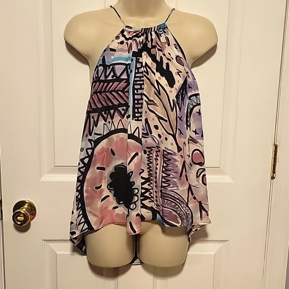 Tangerine NYC  silk Flowing Boho graphic lightweight Razorback Tank Top …